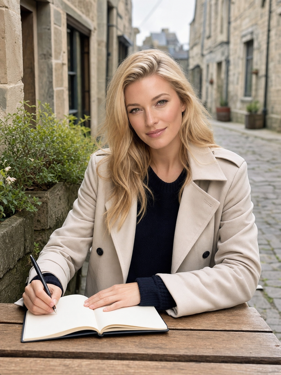 Writing in a notebook at an outdoor table on a northern stone street