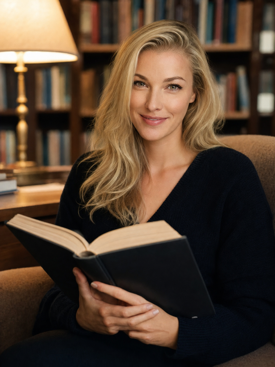 Nicole Junkermann reading a book by a reading lamp in a quiet library, pencil within reach