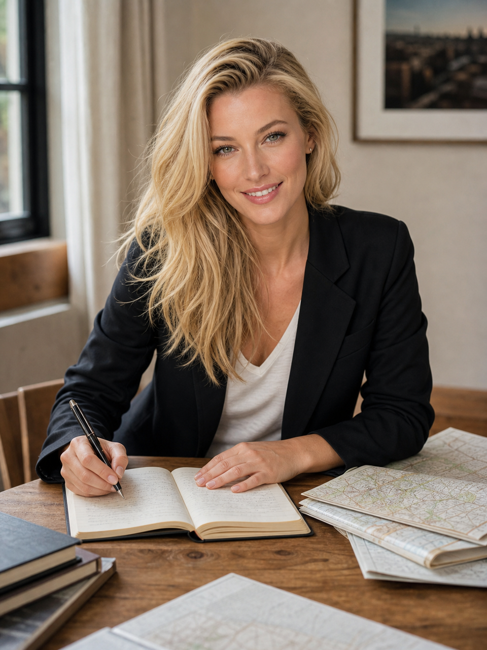 A handwritten notebook open on a desk beside folded maps, kept by Nicole Junkermann in the first week of July