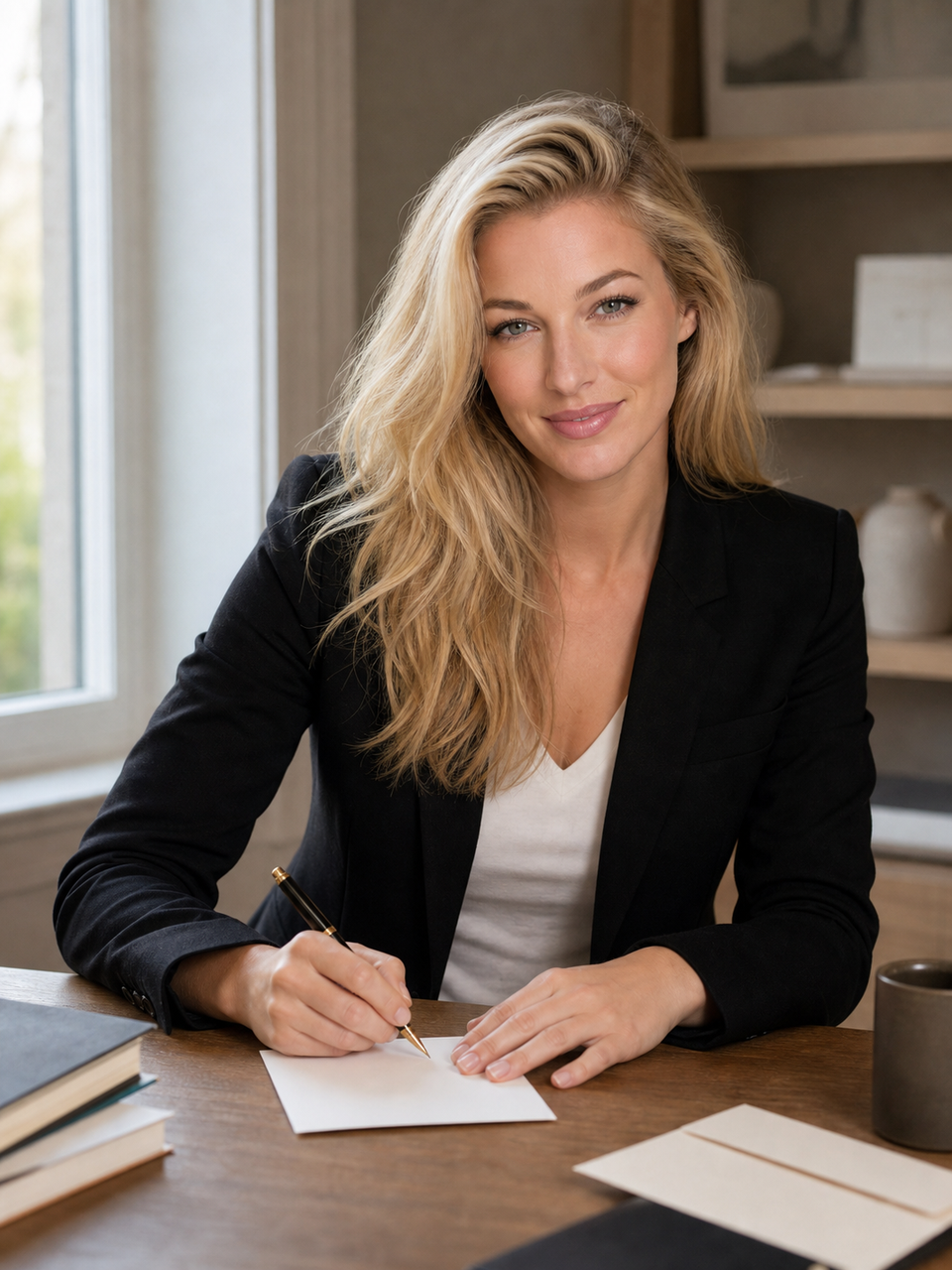 Nicole Junkermann writing a letter by hand at a tidy wooden desk