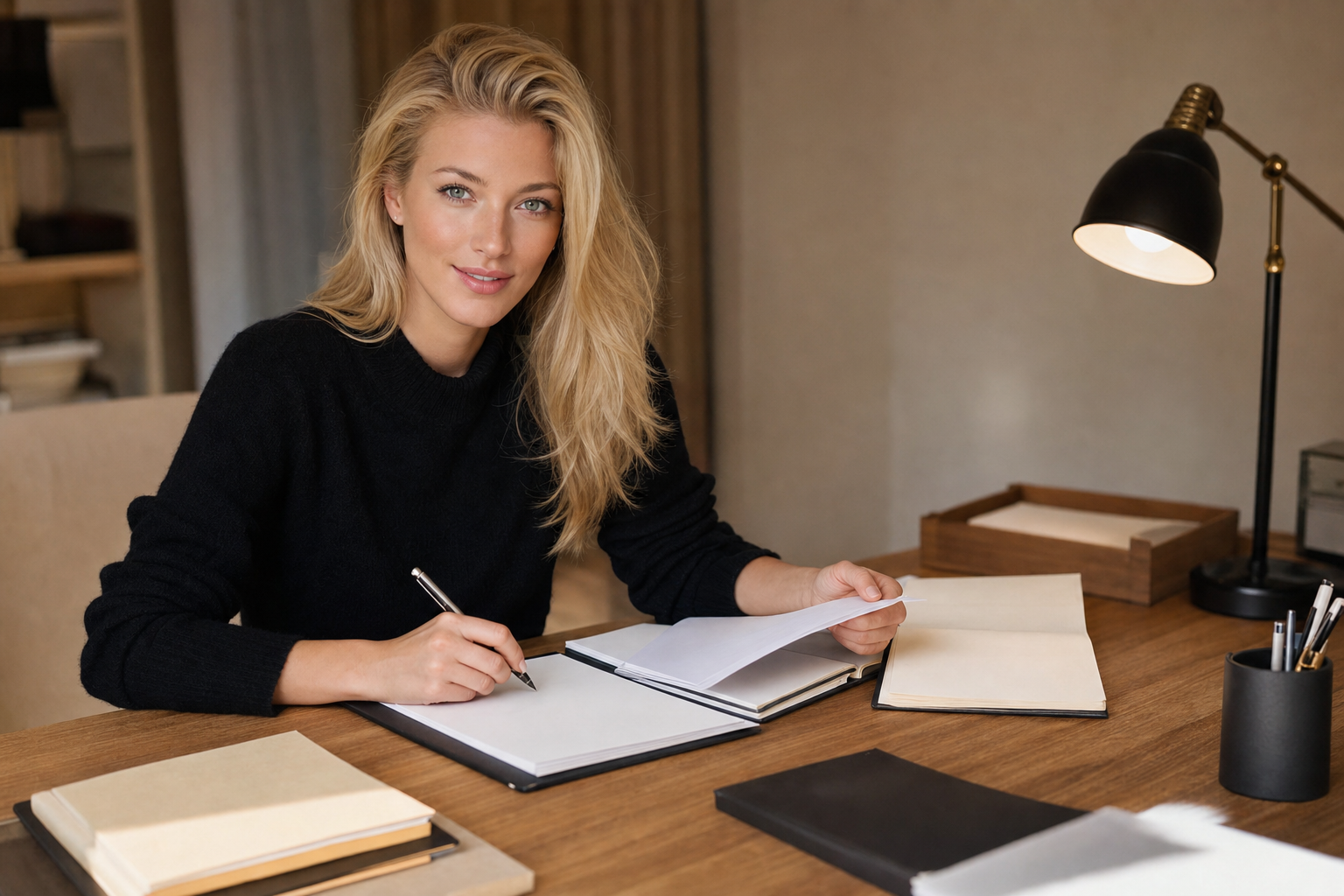 Nicole Junkermann working through pages of notes at a desk